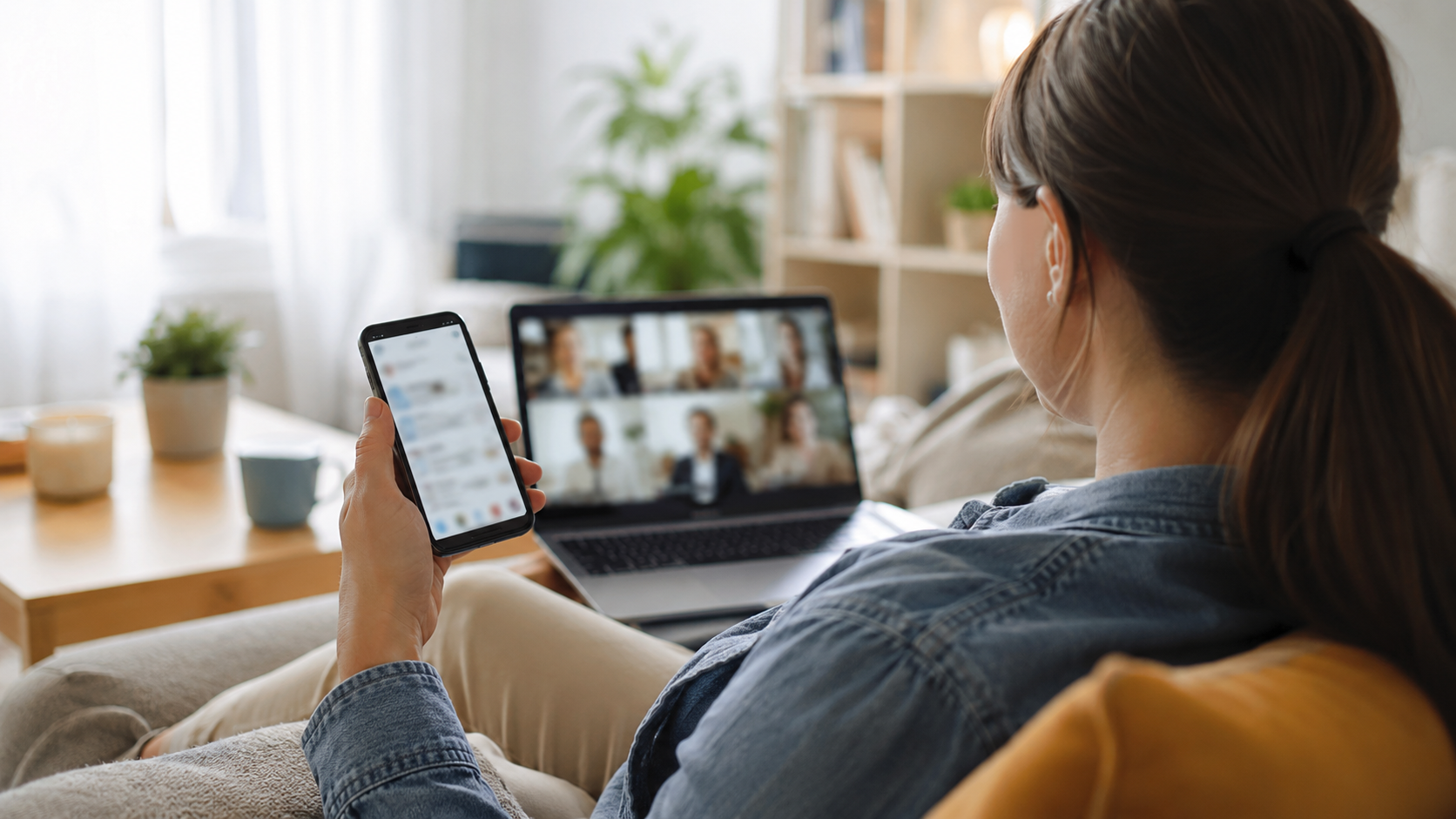 Young adult at home using a laptop and phone to connect with others online